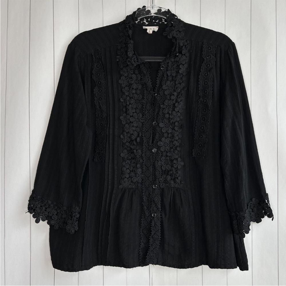POL size L button front blouse black lace floral trim 100% cotton boho western